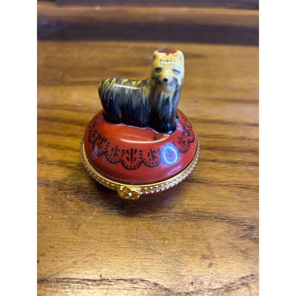 Yorkshire Terrier Yorkie Trinket Box Red Cushion Gold Trim vintage